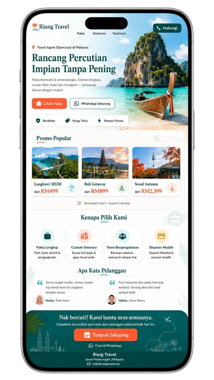 Contoh halaman promosi agen travel dan pakej percutian di Malaysia
