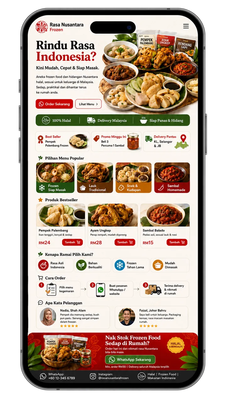 Contoh halaman promosi frozen food dan makanan Nusantara di Malaysia