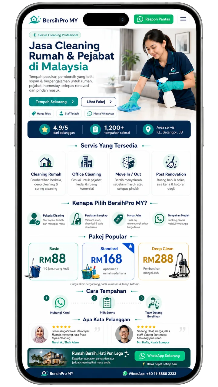 Contoh halaman promosi jasa cleaning rumah dan pejabat di Malaysia